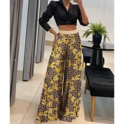 Hot Women's Fashion Crop Top Pants Sets Wide Leg Pants Trousers Long Sleeve Shirt Collar Graphic Print Casual Daily Black Yellow Khaki Spring & Fall Regular Fit Women Two Piece Sets