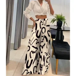 Hot Women's Fashion Crop Top Pants Sets Wide Leg Pants Trousers Long Sleeve Shirt Collar Graphic Print Casual Daily Black Yellow Khaki Spring & Fall Regular Fit Women Two Piece Sets