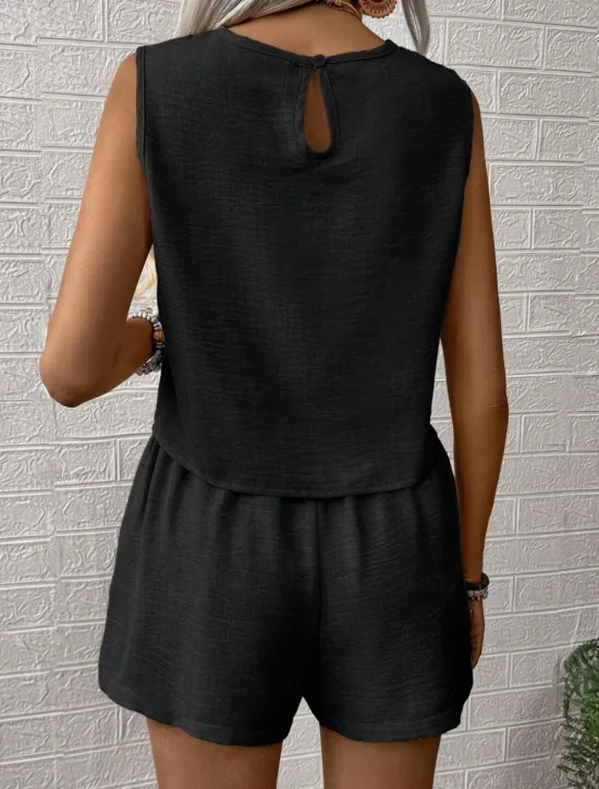 Hot Women's Fashion Daily Linen-Inspired Sets Two Piece Sets Tank Top Baggy Shorts Sleeveless Crew Neck Plain Casual Daily Black Royal Blue Orange Summer Regular Fit Women Sets
