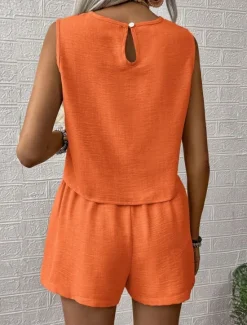 Hot Women's Fashion Daily Linen-Inspired Sets Two Piece Sets Tank Top Baggy Shorts Sleeveless Crew Neck Plain Casual Daily Black Royal Blue Orange Summer Regular Fit Women Sets