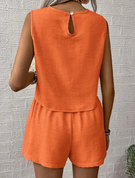 Hot Women's Fashion Daily Linen-Inspired Sets Two Piece Sets Tank Top Baggy Shorts Sleeveless Crew Neck Plain Casual Daily Black Royal Blue Orange Summer Regular Fit Women Sets