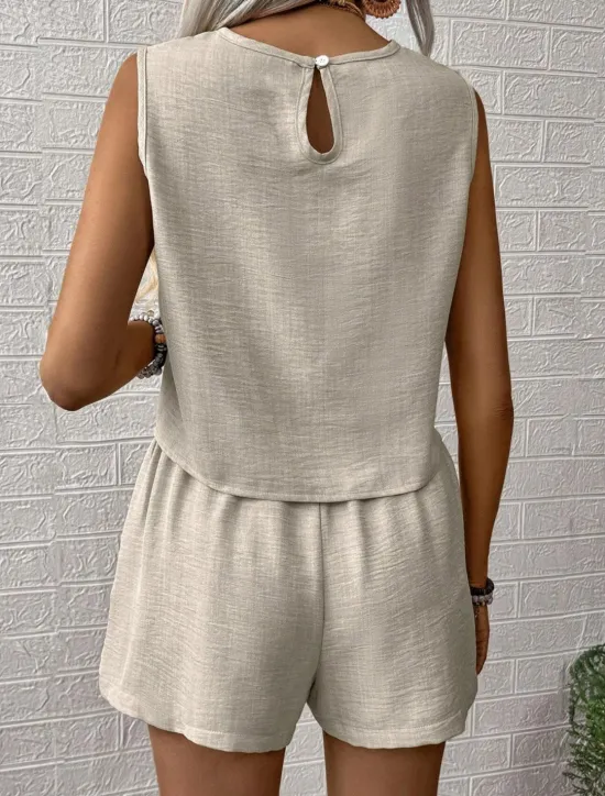 Hot Women's Fashion Daily Linen-Inspired Sets Two Piece Sets Tank Top Baggy Shorts Sleeveless Crew Neck Plain Casual Daily Black Royal Blue Orange Summer Regular Fit Women Sets
