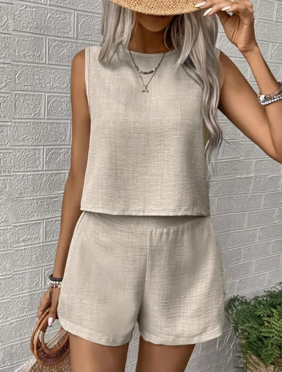Hot Women's Fashion Daily Linen-Inspired Sets Two Piece Sets Tank Top Baggy Shorts Sleeveless Crew Neck Plain Casual Daily Black Royal Blue Orange Summer Regular Fit Women Sets