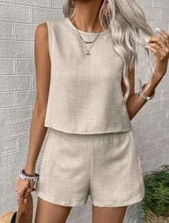 Hot Women's Fashion Daily Linen-Inspired Sets Two Piece Sets Tank Top Baggy Shorts Sleeveless Crew Neck Plain Casual Daily Black Royal Blue Orange Summer Regular Fit Women Sets