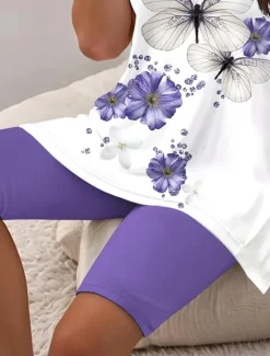 Outlet Women's Fashion Daily T Shirt Shorts Sets Short Sleeve V Neck Ombre Floral Butterfly Print Daily Casual Daily Light Green Grape Ocean Blue Summer Regular Fit Women Two Piece Sets