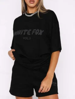 New Women's Fashion Daily T Shirt Sweat Shorts Short Sleeve Crew Neck Letter Patchwork Outdoor Casual Black Pink Beige Summer Regular Fit Women Two Piece Sets