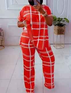 Women's Fashion Shirt Pants Sets Pants Trousers Short Sleeve Round Neck Plaid Print Casual Daily Black Pink Spring & Summer Regular Fit Women Two Piece Sets