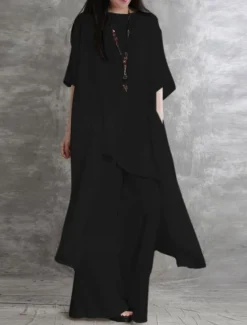 Best Women's Fashion Shirt Pants Sets Long Cotton Top Wide Leg Pants Trousers Long Sleeve Round Neck Solid Color Casual Daily Black White Wine Spring & Summer Regular Fit Women Two Piece Sets