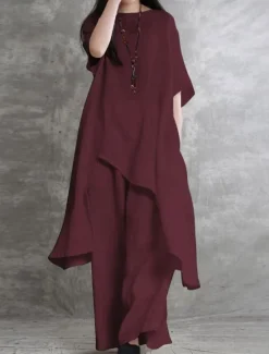 Best Women's Fashion Shirt Pants Sets Long Cotton Top Wide Leg Pants Trousers Long Sleeve Round Neck Solid Color Casual Daily Black White Wine Spring & Summer Regular Fit Women Two Piece Sets