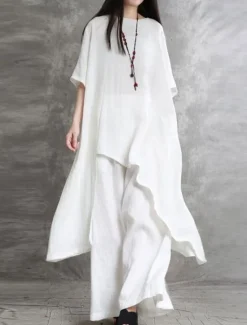 Best Women's Fashion Shirt Pants Sets Long Cotton Top Wide Leg Pants Trousers Long Sleeve Round Neck Solid Color Casual Daily Black White Wine Spring & Summer Regular Fit Women Two Piece Sets