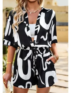 Outlet Women's Fashion Shirt Shorts Sets Short Sleeve Shirt Collar Geometric Drawstring Going out Casual Daily Black White Khaki Summer Regular Fit Women Two Piece Sets