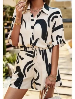 Outlet Women's Fashion Shirt Shorts Sets Short Sleeve Shirt Collar Geometric Drawstring Going out Casual Daily Black White Khaki Summer Regular Fit Women Two Piece Sets