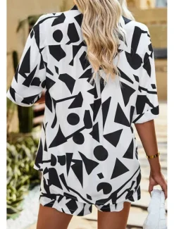 Outlet Women's Fashion Shirt Shorts Sets Short Sleeve Shirt Collar Geometric Drawstring Going out Casual Daily Black White Khaki Summer Regular Fit Women Two Piece Sets