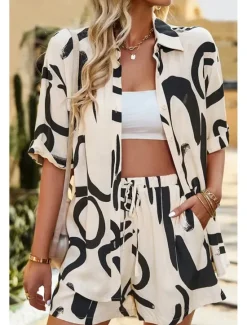 Outlet Women's Fashion Shirt Shorts Sets Short Sleeve Shirt Collar Geometric Drawstring Going out Casual Daily Black White Khaki Summer Regular Fit Women Two Piece Sets