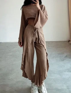 Clearance Women's Fashion Shirt Two Piece Sets Pants Sets Pants Trousers Long Sleeve Round Neck Plain Ruffle Split Holiday Weekend Black Brown Beige Spring & Summer Regular Fit Women Sets