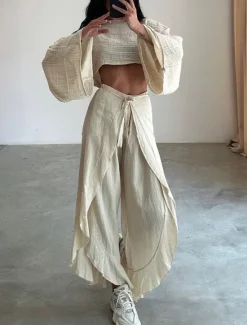 Clearance Women's Fashion Shirt Two Piece Sets Pants Sets Pants Trousers Long Sleeve Round Neck Plain Ruffle Split Holiday Weekend Black Brown Beige Spring & Summer Regular Fit Women Sets