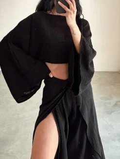 Clearance Women's Fashion Shirt Two Piece Sets Pants Sets Pants Trousers Long Sleeve Round Neck Plain Ruffle Split Holiday Weekend Black Brown Beige Spring & Summer Regular Fit Women Sets