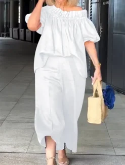 Hot Women's Fashion Streetwear Daily Shirt Linen-Inspired Sets Two Piece Sets Chinos 3/4 Length Sleeve Off Shoulder Plain Ruffle Casual Daily White Blue Fuchsia Spring & Fall Regular Fit Women Sets