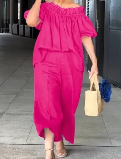 Hot Women's Fashion Streetwear Daily Shirt Linen-Inspired Sets Two Piece Sets Chinos 3/4 Length Sleeve Off Shoulder Plain Ruffle Casual Daily White Blue Fuchsia Spring & Fall Regular Fit Women Sets