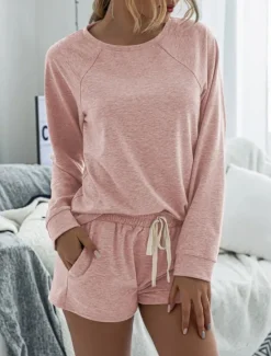 Online Women's Fashion Streetwear Daily Shorts Sets Long Sleeve Crew Neck Plain Drawstring Casual Daily Black Pink Royal Blue Summer Loose Fit Women Two Piece Sets