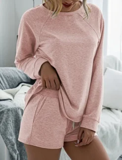 Online Women's Fashion Streetwear Daily Shorts Sets Long Sleeve Crew Neck Plain Drawstring Casual Daily Black Pink Royal Blue Summer Loose Fit Women Two Piece Sets