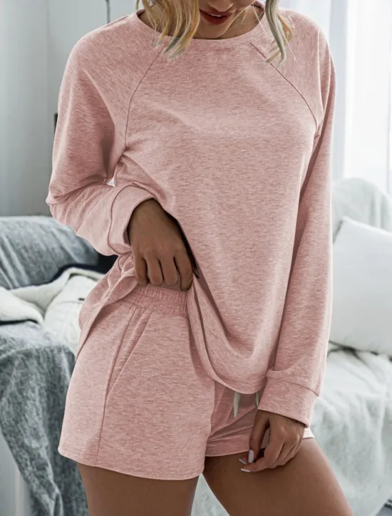 Online Women's Fashion Streetwear Daily Shorts Sets Long Sleeve Crew Neck Plain Drawstring Casual Daily Black Pink Royal Blue Summer Loose Fit Women Two Piece Sets