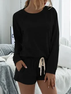 Online Women's Fashion Streetwear Daily Shorts Sets Long Sleeve Crew Neck Plain Drawstring Casual Daily Black Pink Royal Blue Summer Loose Fit Women Two Piece Sets