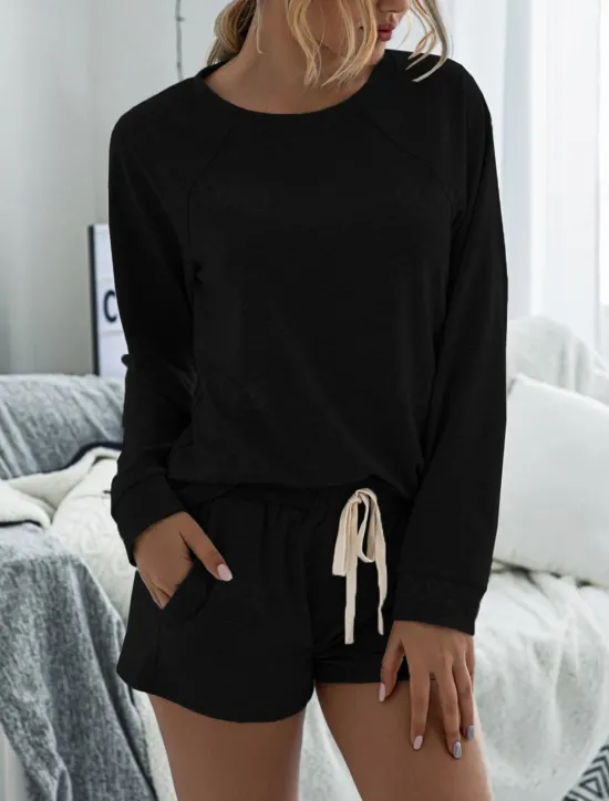 Online Women's Fashion Streetwear Daily Shorts Sets Long Sleeve Crew Neck Plain Drawstring Casual Daily Black Pink Royal Blue Summer Loose Fit Women Two Piece Sets