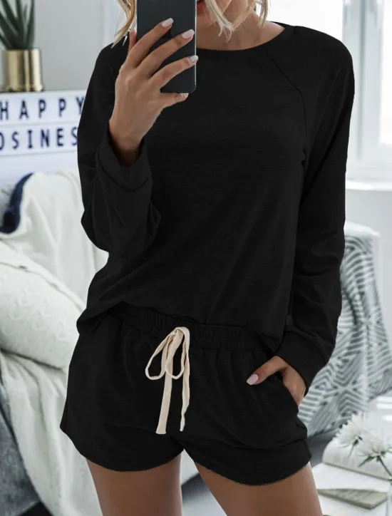 Online Women's Fashion Streetwear Daily Shorts Sets Long Sleeve Crew Neck Plain Drawstring Casual Daily Black Pink Royal Blue Summer Loose Fit Women Two Piece Sets