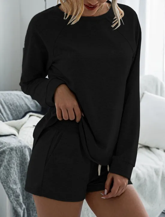 Online Women's Fashion Streetwear Daily Shorts Sets Long Sleeve Crew Neck Plain Drawstring Casual Daily Black Pink Royal Blue Summer Loose Fit Women Two Piece Sets