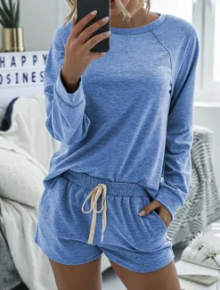 Online Women's Fashion Streetwear Daily Shorts Sets Long Sleeve Crew Neck Plain Drawstring Casual Daily Black Pink Royal Blue Summer Loose Fit Women Two Piece Sets