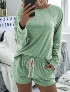 Online Women's Fashion Streetwear Daily Shorts Sets Long Sleeve Crew Neck Plain Drawstring Casual Daily Black Pink Royal Blue Summer Loose Fit Women Two Piece Sets