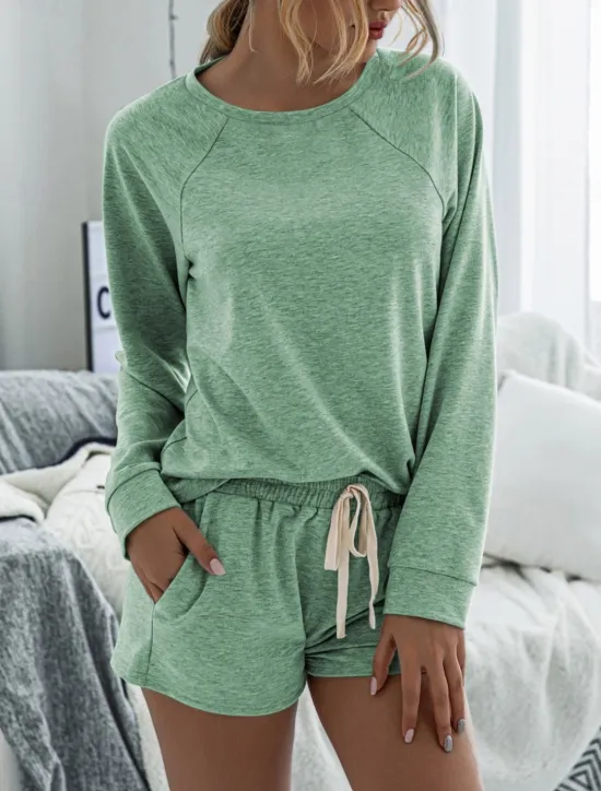 Online Women's Fashion Streetwear Daily Shorts Sets Long Sleeve Crew Neck Plain Drawstring Casual Daily Black Pink Royal Blue Summer Loose Fit Women Two Piece Sets