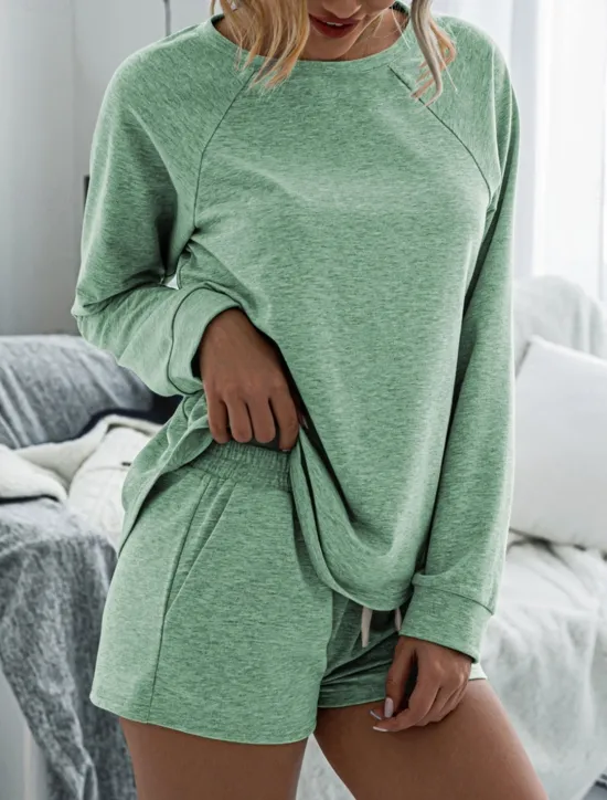 Online Women's Fashion Streetwear Daily Shorts Sets Long Sleeve Crew Neck Plain Drawstring Casual Daily Black Pink Royal Blue Summer Loose Fit Women Two Piece Sets