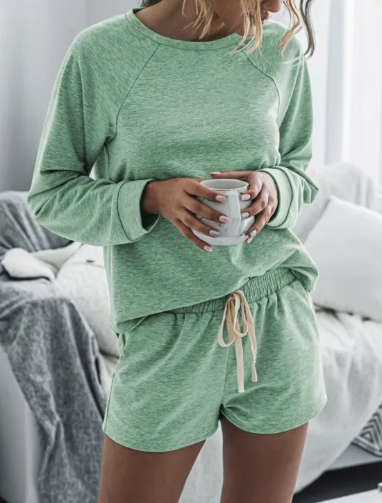 Online Women's Fashion Streetwear Daily Shorts Sets Long Sleeve Crew Neck Plain Drawstring Casual Daily Black Pink Royal Blue Summer Loose Fit Women Two Piece Sets
