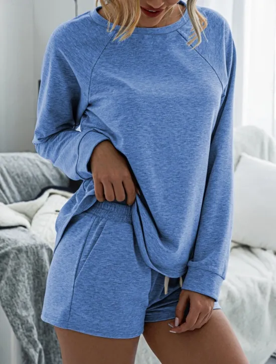 Online Women's Fashion Streetwear Daily Shorts Sets Long Sleeve Crew Neck Plain Drawstring Casual Daily Black Pink Royal Blue Summer Loose Fit Women Two Piece Sets