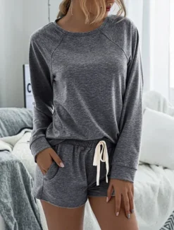 Online Women's Fashion Streetwear Daily Shorts Sets Long Sleeve Crew Neck Plain Drawstring Casual Daily Black Pink Royal Blue Summer Loose Fit Women Two Piece Sets