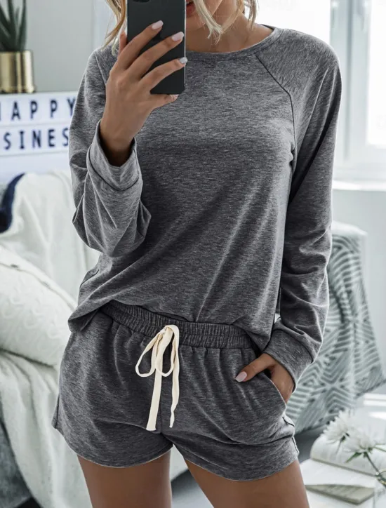 Online Women's Fashion Streetwear Daily Shorts Sets Long Sleeve Crew Neck Plain Drawstring Casual Daily Black Pink Royal Blue Summer Loose Fit Women Two Piece Sets