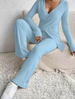 Sale Women's Fashion Streetwear Daily Pants Sets Long Sleeve V Neck Solid Color Casual Daily Black Beige Light Blue Summer Regular Fit Women Two Piece Sets