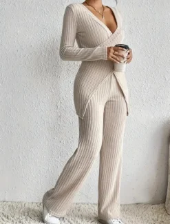 Sale Women's Fashion Streetwear Daily Pants Sets Long Sleeve V Neck Solid Color Casual Daily Black Beige Light Blue Summer Regular Fit Women Two Piece Sets