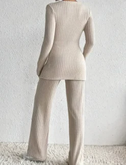 Sale Women's Fashion Streetwear Daily Pants Sets Long Sleeve V Neck Solid Color Casual Daily Black Beige Light Blue Summer Regular Fit Women Two Piece Sets