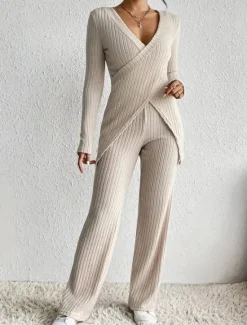 Sale Women's Fashion Streetwear Daily Pants Sets Long Sleeve V Neck Solid Color Casual Daily Black Beige Light Blue Summer Regular Fit Women Two Piece Sets