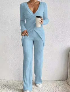 Sale Women's Fashion Streetwear Daily Pants Sets Long Sleeve V Neck Solid Color Casual Daily Black Beige Light Blue Summer Regular Fit Women Two Piece Sets