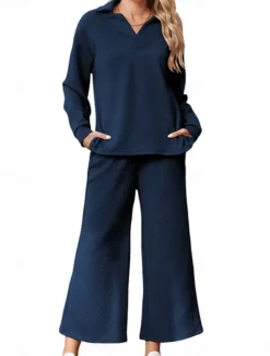 New Women's Fashion Streetwear Daily Sweatshirt Sweatpants Wide Leg Pants Long Sleeve Shirt Collar Plain Drawstring Casual Daily Black Navy Blue Gray Spring & Fall Regular Fit Women Two Piece Sets