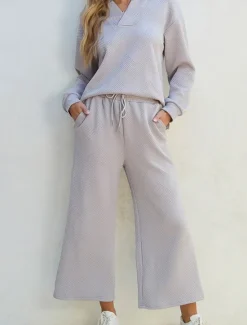 New Women's Fashion Streetwear Daily Sweatshirt Sweatpants Wide Leg Pants Long Sleeve Shirt Collar Plain Drawstring Casual Daily Black Navy Blue Gray Spring & Fall Regular Fit Women Two Piece Sets
