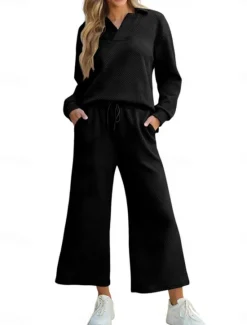 New Women's Fashion Streetwear Daily Sweatshirt Sweatpants Wide Leg Pants Long Sleeve Shirt Collar Plain Drawstring Casual Daily Black Navy Blue Gray Spring & Fall Regular Fit Women Two Piece Sets