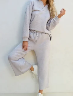 New Women's Fashion Streetwear Daily Sweatshirt Sweatpants Wide Leg Pants Long Sleeve Shirt Collar Plain Drawstring Casual Daily Black Navy Blue Gray Spring & Fall Regular Fit Women Two Piece Sets