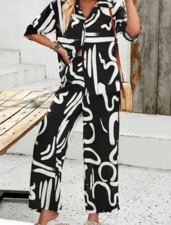 Best Women's Fashion Streetwear Daily Shirt Blouse Wide Leg Pants Half Sleeve Shirt Collar Floral Drawstring Print Casual Daily Black Green Beige Spring & Fall Regular Fit Women Two Piece Sets