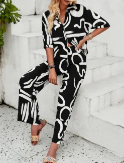 Best Women's Fashion Streetwear Daily Shirt Blouse Wide Leg Pants Half Sleeve Shirt Collar Floral Drawstring Print Casual Daily Black Green Beige Spring & Fall Regular Fit Women Two Piece Sets