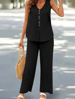 New Women's Fashion Streetwear Daily Pants Sets Sleeveless V Neck Plain Casual Daily Black Navy Blue Green Summer Loose Fit Women Two Piece Sets